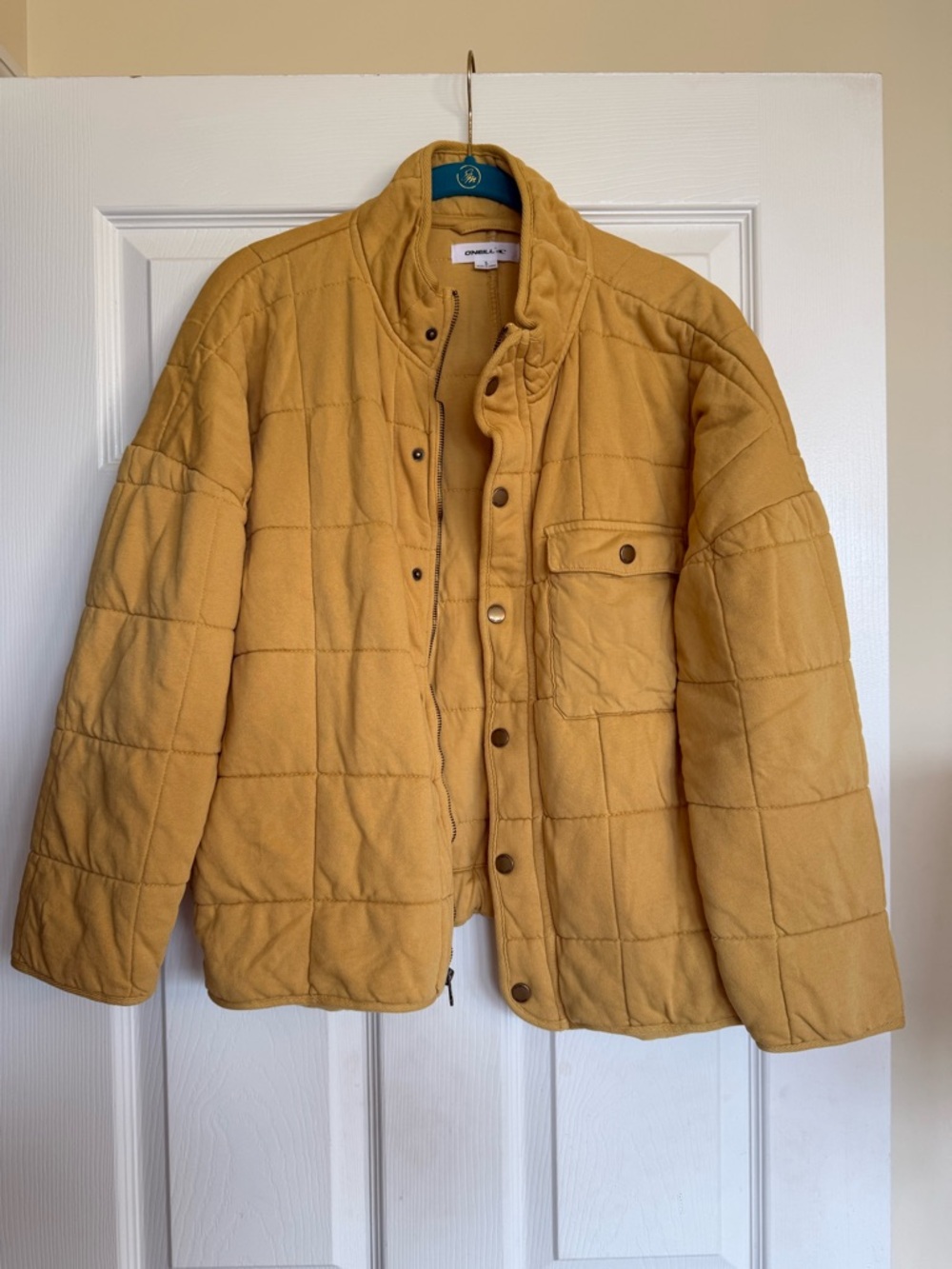 O’Neill Mustard Yellow Quilted Puffer Jacket Size Small Cropped Snap Zip Coat - Picture 2 of 4